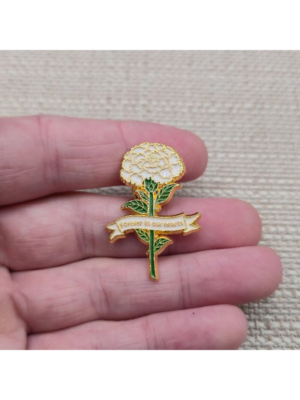 Forever in Our Hearts White Rose Memorial Enamel Lapel Pin A8539